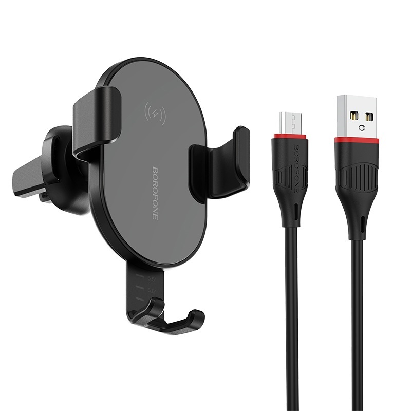 Автодержатель Borofone BQ5 (пластик,кабель micro USB, беспроводная зарядка QI) черный