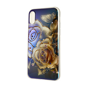 Кейс iPhone X/Xs силикон цветы со стразами с голубым отливом