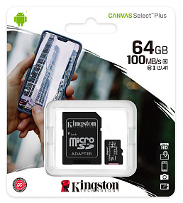 MicroSD 64Gb Kingston Class 10 Canvas Select Plus A1 100MB/s + SD адаптер