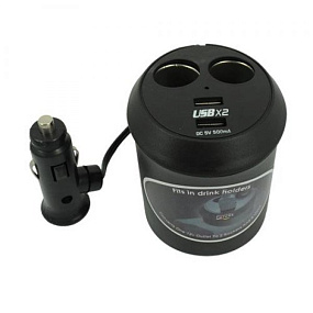 Разветвитель прикуривателя (2 выхода + 2USB) WF-0309 (в подстаканник)