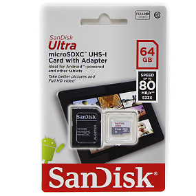 MicroSD 64Gb SanDisk Class 10 UHS-I 80Mb/s +SD adapter