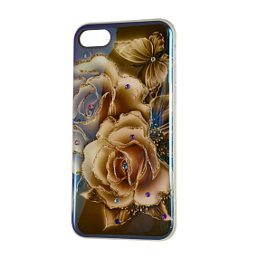 Кейс iPhone 7/8/SE 2020 силикон цветы со стразами с голубым отливом