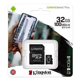 MicroSD 32Gb Kingston Class 10 Canvas Select Plus A1 100MB/s + SD адаптер