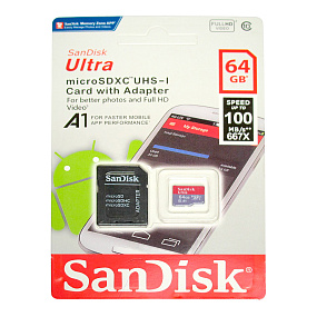 MicroSD 64Gb SanDisk Class 10 UHS-I 100Mb/s +SD adapter