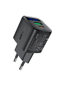 СЗУ-USB/Type-C Acefast A114 (25W, QC3.0, PD, 2 порта, GaN, с дисплеем) Черный