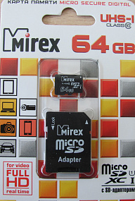 MicroSD 64Gb Mirex Class 10 UHS-I 45Mb/s +SD adapter