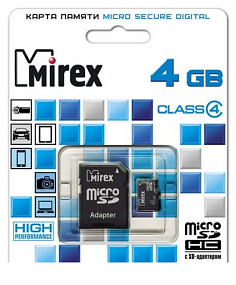 MicroSD 4Gb Mirex Class 4 +SD адаптер 