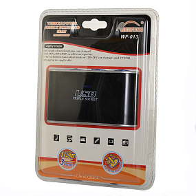 Разветвитель прикуривателя (3 выхода + USB) WF-013 с выключателями