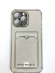 Кейс iPhone 14 Pro Max силикон с визитницей прозрачный с блестками черный