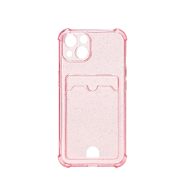 Кейс iPhone 13 силикон с визитницей прозрачный с блестками розовый 