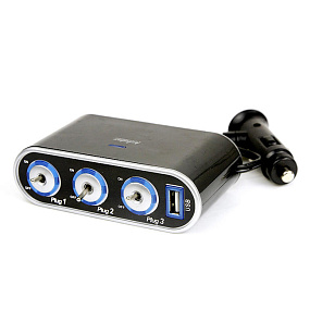 Разветвитель прикуривателя (3 выхода + USB) WF-0306 со шнуром 