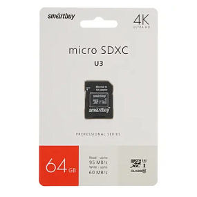 MicroSD 64Gb SmartBuy Class 10 Pro UHS-I U3 70/90Mb/s+ SD адаптер