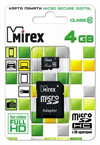 MicroSD 4Gb Mirex Class 10 +SD адаптер 